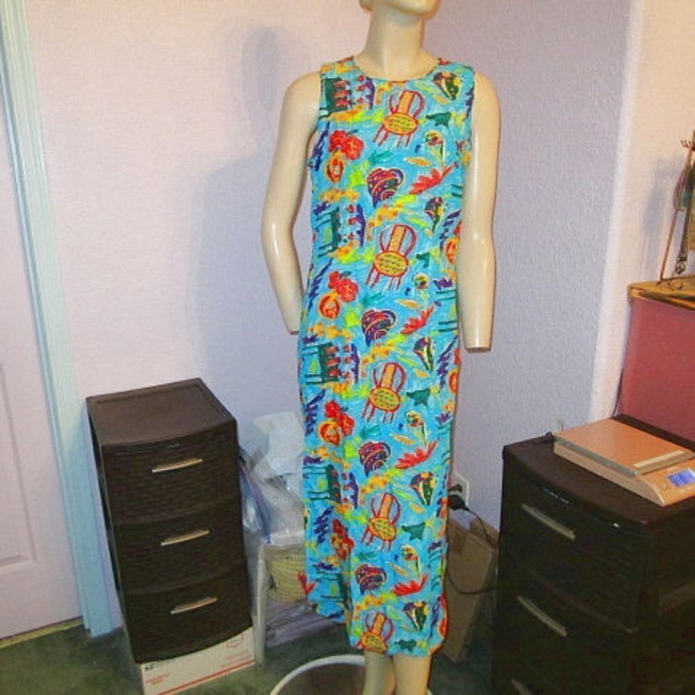 Vtg 80s Hawaiian Midi Dress Womens L Sleeveless Sheath Tropical Beach Colorful